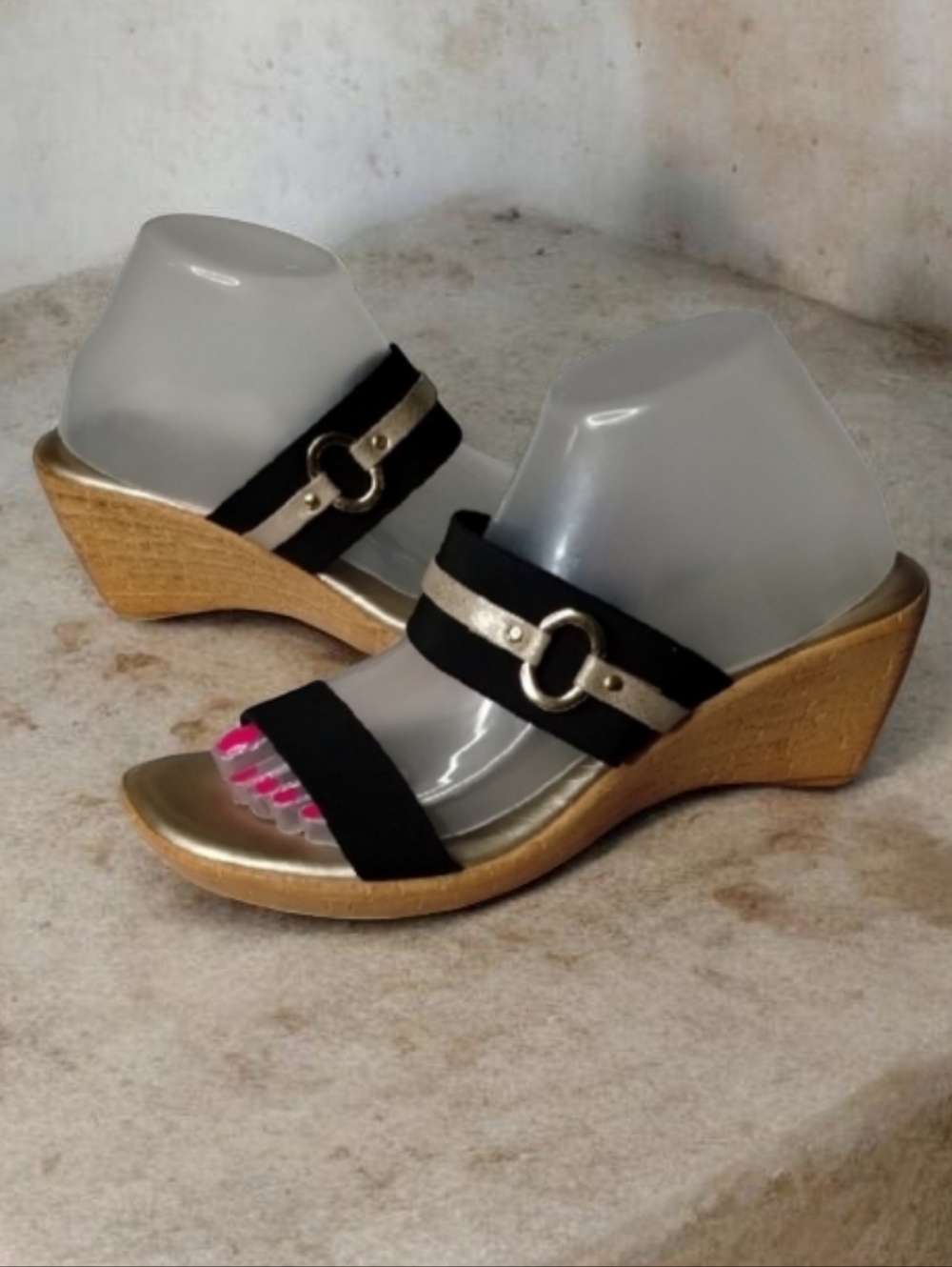 Italian Shoemakers Women’s Black and Gold Wedge Slide Sandals With Buckle Accent